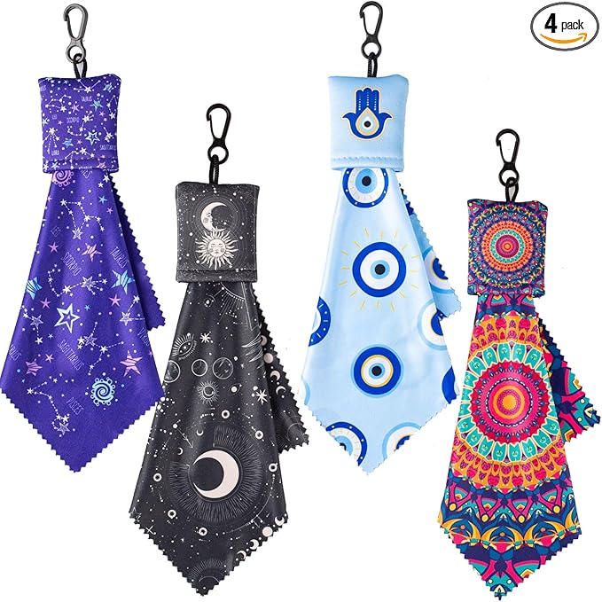 Glasses Cleaning Cloth, 4PC Microfiber Lens Cloth Keychain,Positive Energy Balance - Evil Eye, Mandala , Sun Moon, Divination Symbols for Positive Aura, Protection & Focus, Double Sided Printing