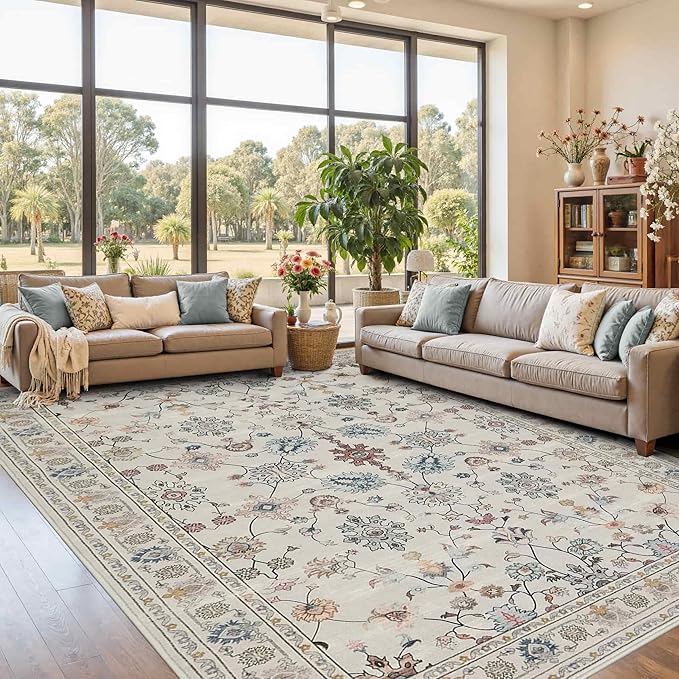 8x10 Rugs for Living Room & Bedroom,Floral Washable Rug,Boho Area Rug, Large Non Slip Low Pile Wool Carpet for Indoor Dining Room,Girls Room,Nursery Room and Kids Room(Grey 8x10ft)