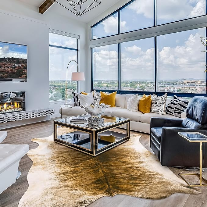 Amearea Faux Cow Hide Rug Large, Premium Western Home Decor Cow Print Rugs for Living Room, Faux Leather Animal Cowhide Bedroom Carpet, Dining Traditional Cow Pattern Stuff Carpet, Yellow 5.2x4.6 Feet