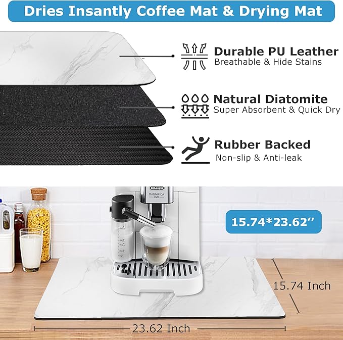 Dish Drying Mat Coffee Bar Mat for Kitchen Counter, Absorbent Dish Rack Pad Hide Stain with Non-slip Rubber Backed Coffee Accessories Fit Under Espresso Machine Maker White Marble 22.83"x14.96"
