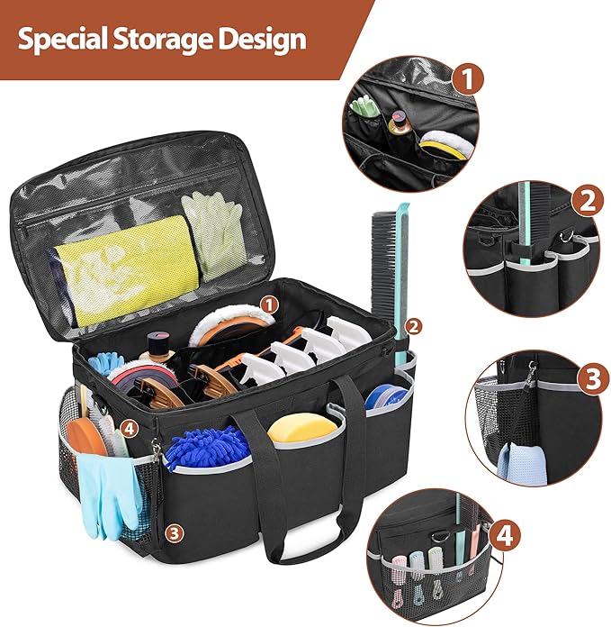 Extra-Large Detailing Bag with Waterproof EVA Hard Bottom, Auto Detail Supplies Organizer for Polisher, Bottles & Detailing Kit, Car Care Tools Tote with Lid & Shoulder Strap, Patent Design