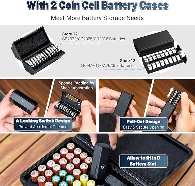 Hard Shell Battery Organizer Holder with Small Battery Tester, IP68 Waterproof Multi 82 Slots Batteries Vault Case for 40 AA & 12 AAA & 12 CR2032 CR2025 & 18 LR44 Button Cell/2 D Size Batteries Case