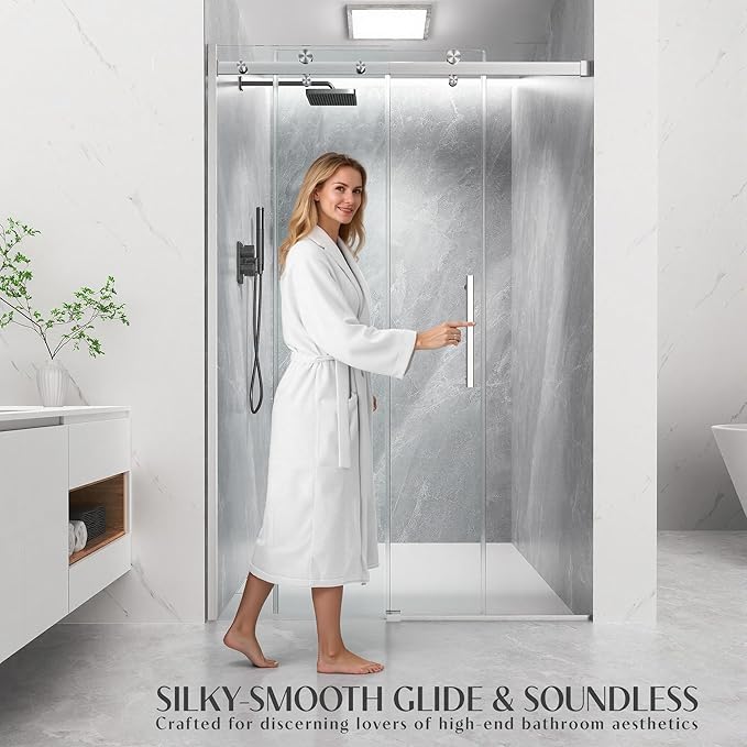 Frameless Sliding Shower Door 44-48" W x 72" H, 5/16" (8mm) Heavy Duty Tempered Glass, Brushed Nickel Finish, Single Sliding Walk-in Shower Glass Door, Reversible Installation, Smooth & Quiet Gliding