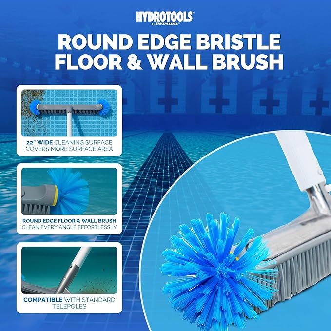 SWIMLINE HYDROTOOLS Pool Brush Head for Inground & Above Ground Pools | EZ Clip Compatible | 22-Inch Aluminum Brush with ROUND EDGE Bristles | Metal Reinforced Neck for Wall, Floor & Corners