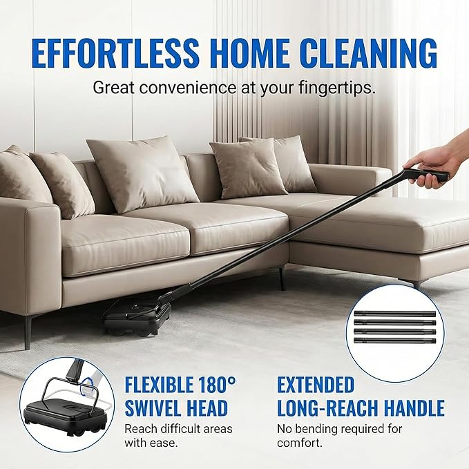 Manual Carpet Sweeper, Electric-Free Quiet Floor Sweeper with 300ml Easy-Empty Dustbin, 6.7” Cleaning Width for Pet Hair, Crumbs, Dust on Carpets, Hardwood, Tile - Home & Office Use (Black)