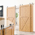 Homacer Brushed Nickel Single Track Bypass Sliding Barn Door Hardware Kit, for Three Doors, 9ft Long Flat Track, Classic Design Roller, (1 Flat+2 Bent Roller Set)