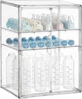 HBlife Baby Bottle Storage Organizer for Countertop Cabinet, 3 Tiers Adjustable Clear Acrylic Bottles Storage Station Case Box Container with 2 Removable Dividers and Magnetic Double Door, X-Large