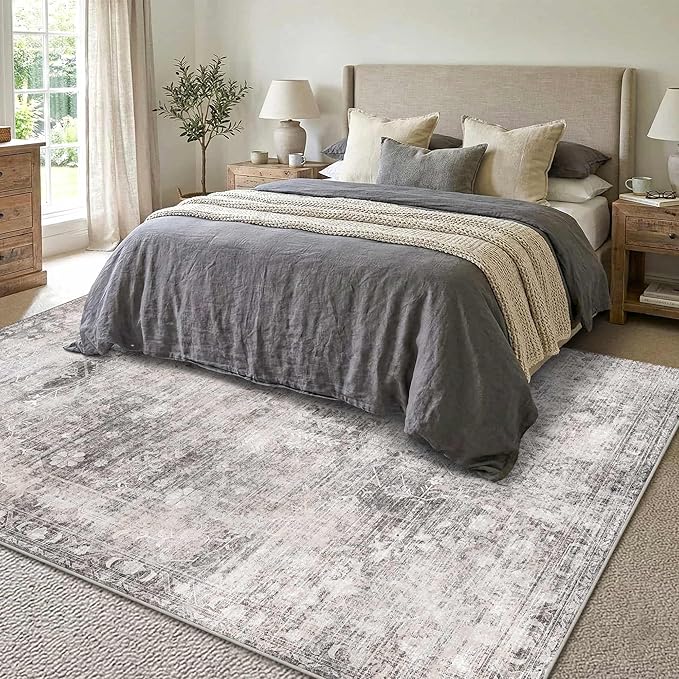 Vintage 5x7 Washable Area Rugs, Grey Rug for Living Room, Bedroom, Dining Room, Kitchen, Boho Indoor Soft Nursery Rugs for Classroom Dorm, Non Slip Low Pile Distressed Carpets for Office