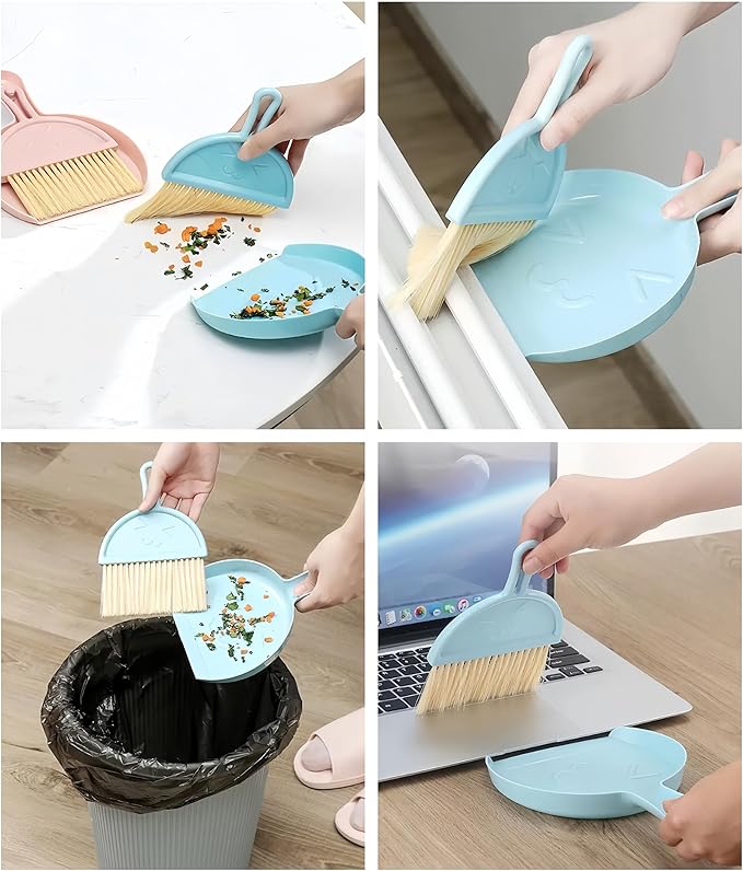 Mini Broom and Dustpan Set (3 Pieces) + Three-Color Cleaning Cloth, Suitable for Cleaning car interiors, Sofas, Kitchens, tabletops, Dining Tables and Desktop Keyboards (Pink, Blue, and Green)