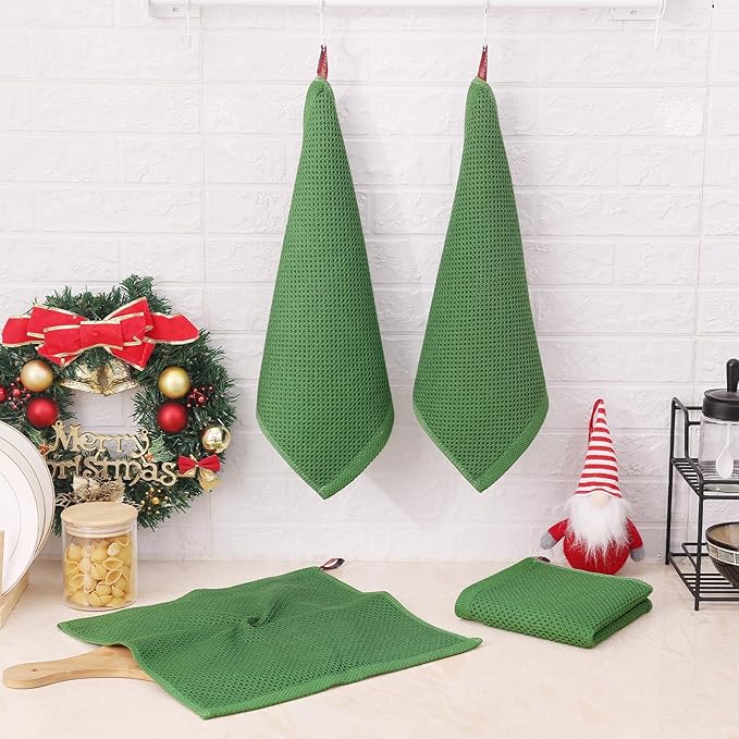Kitinjoy 100% Cotton Kitchen Dish Cloths (12 X 12 Inches, Grass Green), 12 Pack Waffle Weave Ultra Soft Absorbent Dish Towels for Drying Dishes Quick Drying Kitchen Towels Dish Rags