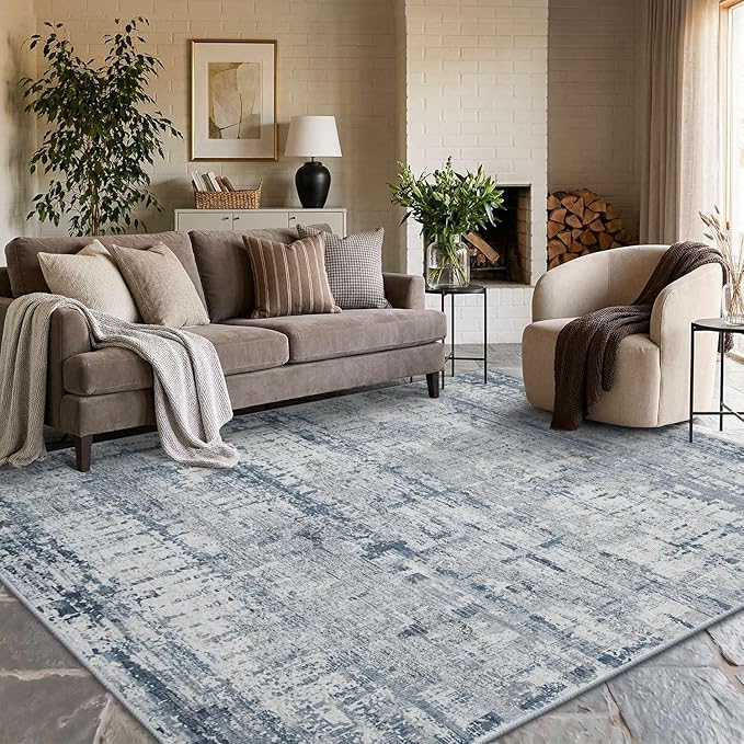 6x9 Washable Area Rug for Living Room, Modern Abstract Large Boho Rugs for Office, Dining Room, Kids Room, Farmhouse, Durable Low Pile Non Slip Carpet for High Traffic Areas, Blue Grey
