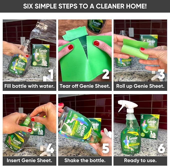 Genie Sheets All Purpose, Glass and Bathroom Cleaners Combo Pack | Concentrate Makes 6 24oz Bottles | Professional-Strength | Just Add Water | Eco-Friendly Plant-Based | 6 Sheets