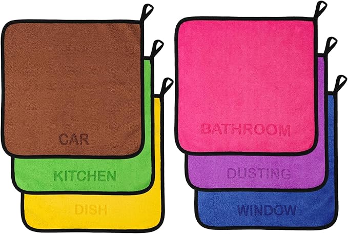 Microfiber Cleaning Cloth Set - 6 Pack Microfiber Towel 12"x12" with Printed Use Labels, Color-Coded Dish Rags Cleaning Towels, Reusable Rags for Cleaning House, Kitchen, Car, Bathroom