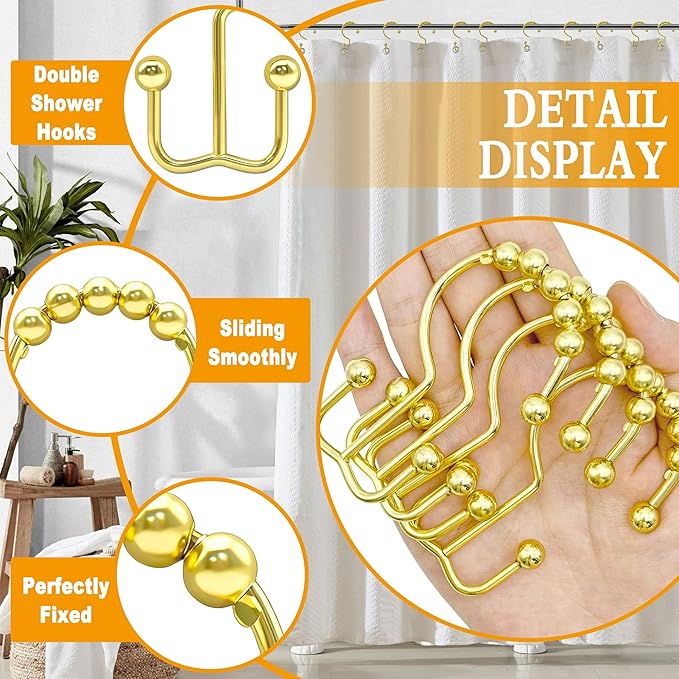 Shower Curtain Hooks, 12 Pcs Rustproof Metal Shower Curtain Rings,Free Sliding Double Shower Hooks for Shower Curtain & Liners, Shower Curtain Hangers for Bathroom Shower Curtain Rods Curtains (Gold)