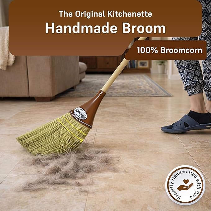 The Original Kitchenette Broom - 14oz Ultra-Lightweight Handmade Sweeper - 100% Mexican Broomcorn Bristles - Solid Wood Handle - Made in USA - Professional Non-Scratch Brush for Wood & Tile Floors