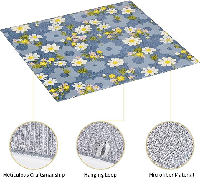 Daisy Flowers Dish Drying Mat for Kitchen Counter, 16"x18" Microfiber Absorbent Fast Dry Mat, 2Pcs Dish Mat Faucet Mats Sets, Large Drying Kitchen Mat Kitchen Drying Pad Coffee Bar Decor Gifts