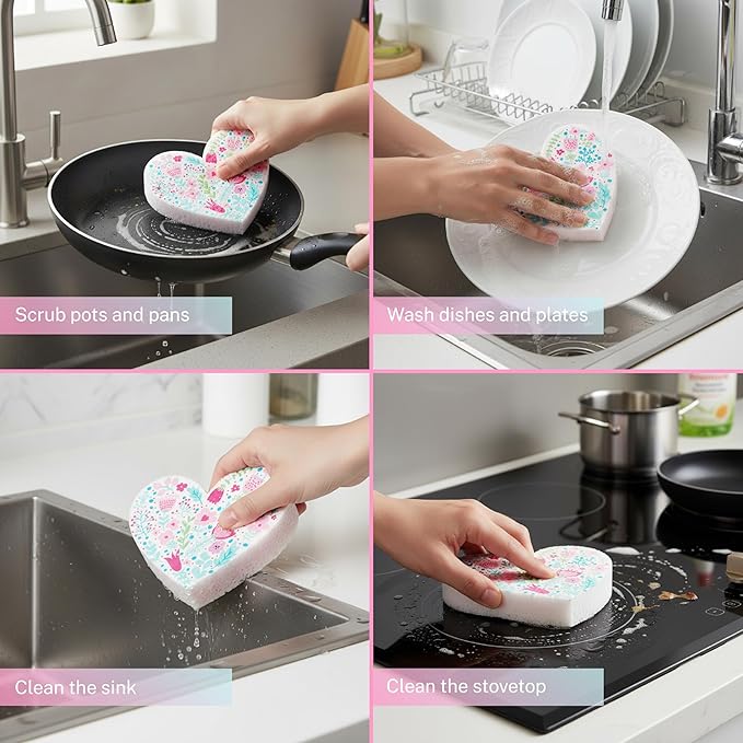 5 Pack Heart Shaped Sponges, Non-Scratch Cleaning Sponges with Floral Pattern, Kitchen Heavy Duty Scrub Sponge, Pop Up Eco Valentine's Day Sponges (Pink)