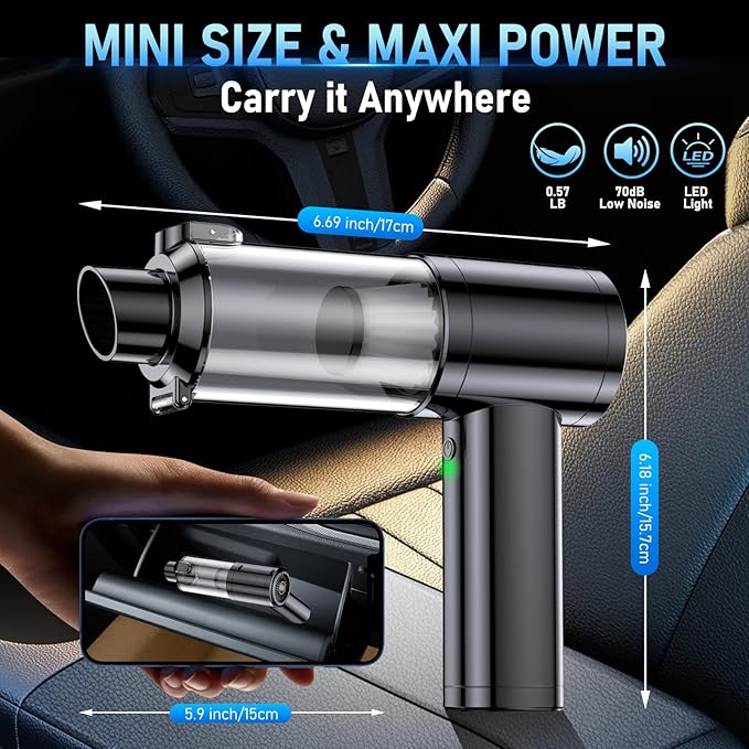 Car Vacuum Portable Cordless, 35000Pa High Power Brushless Motor Handheld Vacuum, 6-in-1 Rechargeable Mini Cleaner with Air Duster for Car, Home, Pet Hair, Keyboard,Graphite Grey