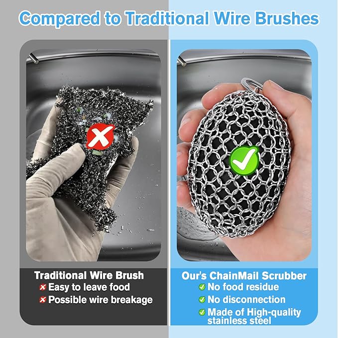 Cast Iron Scrubber & Scraper Set with Hook - Ergonomic 316 Chainmail Scrubber for Cast Iron Skillets, Dutch Oven, Baking Sheet, Crock Pot, Grills & More - 2Pack