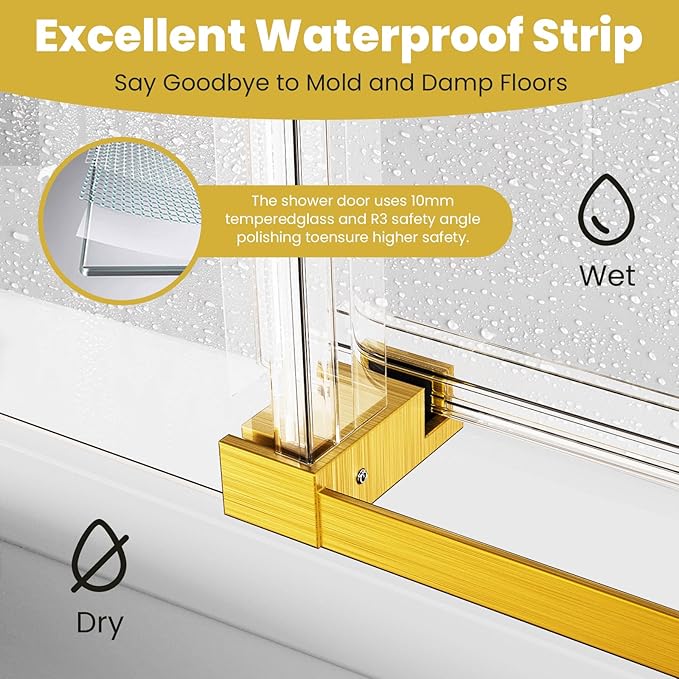 Shower Door 56–60 in W x 76 in H 3/8" Tempered Glass Sliding Shower Door Frameless Brushed Gold Soft-Close with Buffer Reversible Installation for Modern Bathroom