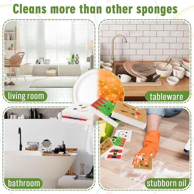 Whaline 8Pcs Christmas Character Kitchen Sponges Santa Reindeer Snowman Elf Water Absorbing Dish Washing Sponge Non Scratch Cleaning Scrub Sponges for Holiday Home Kitchen Bathroom