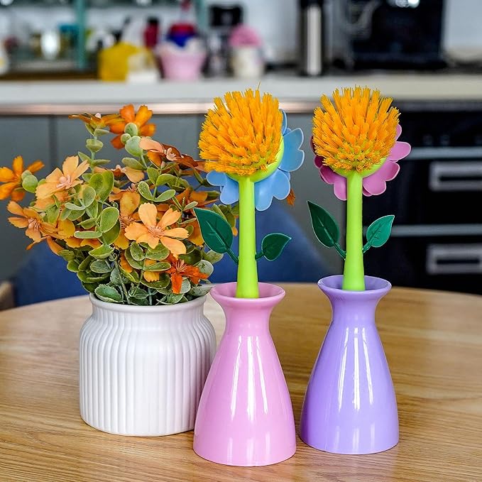 Long Handle Vegetable and Fruit Brush, Florganic Dish Brush with Vase, Long Handle Dish Brush Kitchen, for Cleaning Pot Pan Sink Kitchen Supplies Decorative Vase (2 Pcs Green, Pink)