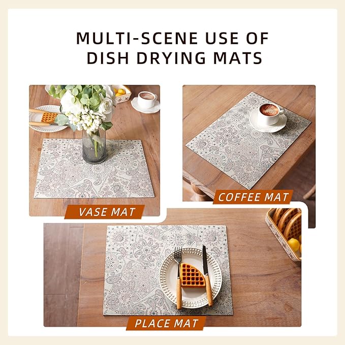 Dish Drying Mat Paisley Absorbent Coffee Mat Rubber Backed Bohemian Soft Silicone Kitchen Dish Draining Mat for Kitchen Bathroom Coffee Bar (Paisley White, 12 x 16 Inches)