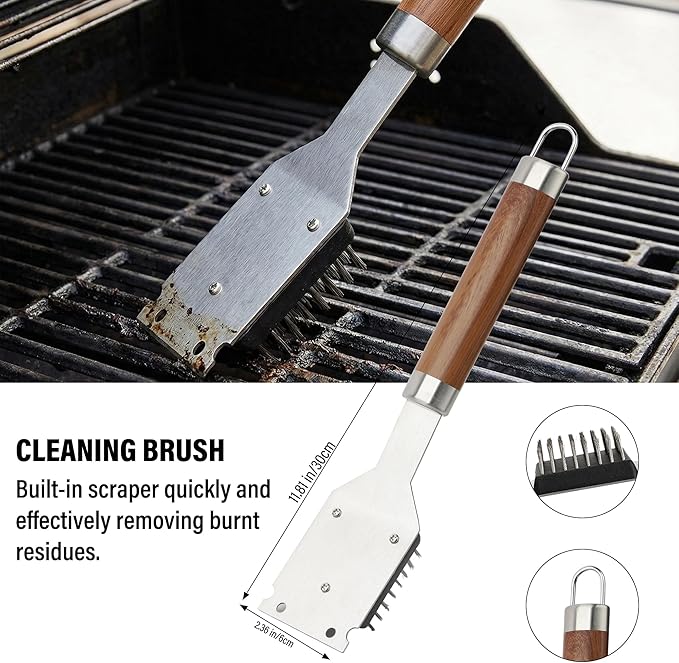 BBQ Grill Accessories Set, Grill Tools Grilling Accessories Grilling Gifts for Men - Spatula, Fork, Brush, Tongs & Cleaning Brush - Outdoor Barbecue Utensils Gifts for Men Dad Him (Wood)