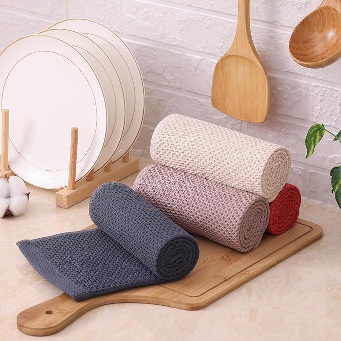 Kitinjoy 100% Cotton Kitchen Dish Cloths (12 X 12 Inches, Multicolor), 8 Pack Waffle Weave Ultra Soft Absorbent Dish Towels for Drying Dishes Quick Drying Kitchen Towels Dish Rags