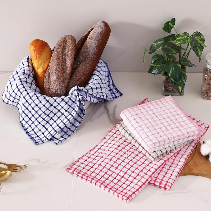 Homaxy Kitchen Towels and Dishcloths Set, 16 x 25 and 12 x 12 Inches, Set of 8 Cotton Terry Kitchen Dish Towels, Super Soft and Absorbent Dish Cloths, Blue/Pink/Red/Brown