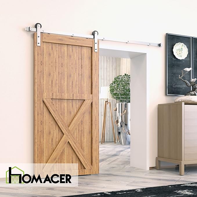 Homacer Brushed Nickel Non-Bypass Sliding Barn Door Hardware Kit, for One/Single Door, 4ft Long Flat Track, Straight Design Roller, Heavy Duty, for Interior Use Only（Doors Not Included）