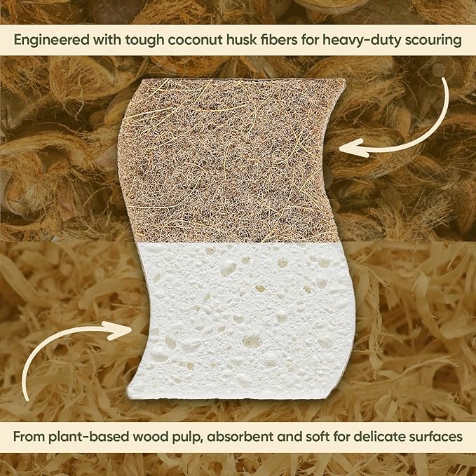Plant-Based Kitchen Sponges (24 Pack) | FSC-Certified & PETA Approved | Natural Cellulose & Coconut Blend Scrubber Dish Sponges for Kitchen | S-Shaped Design | Eco-Friendly, Non-Scratch & Non-Toxic