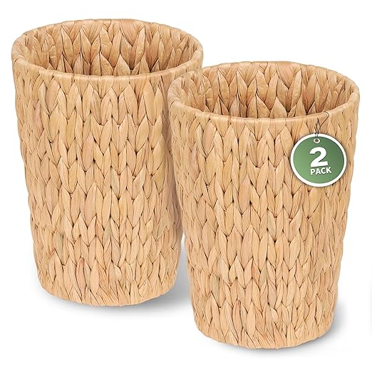 2 Pack Wicker Trash Can, Small Bathroom Trash Can, 2 Gallon Woven Natural Water Hyacinth Waste Basket for Bedroom, Boho Garbage Can for Decor Home Kitchen Living Room Office (Round)