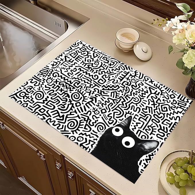Black Cat Streak Dish Drying Mat 18x24 inches Microfiber Absorbent Fast Dry Mat for Kitchen Counter Coffee Bar Funny Cat Large Drying Mat Kitchen Decor Gifts (Black Cat, 18x24 inches)