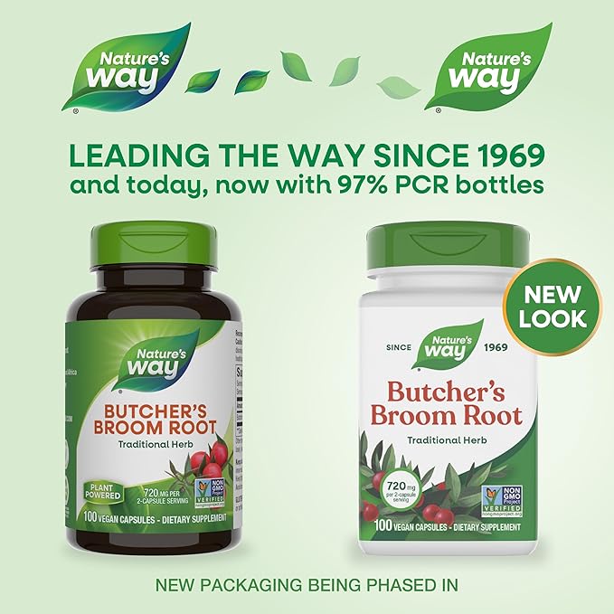 Nature's Way Butcher’s Broom, Traditional Herb, 720 mg per 2-Capsule Serving, Non-GMO Project Verified, 100 Vegan Capsules (Packaging May Vary)