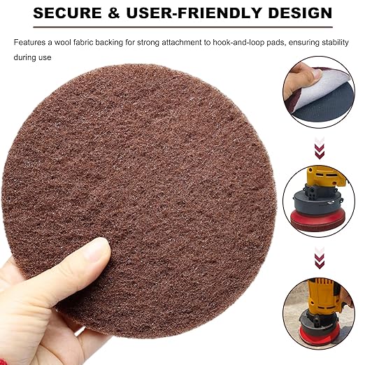 10 Pack 6 Inch Multipurpose Brown Scrubber Scouring Pads Flocking Scuff Pads -Hoop and Loop Scuff Pads Conditioning Discs Polishing Pad for Furniture Automotive Cleaning, Rust Removal (120 Grit)
