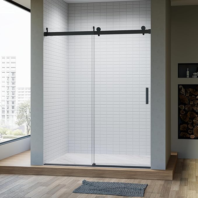 56-60" W x 76" H Frameless Single Sliding Glass Shower Doors Soft-Close with Buffer, Reversible Installation and 3/8"(10mm) ANSI Clear Tempered Glass, Matte Black