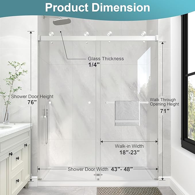 KPUY Frameless Shower Door, 43-48" W x 76" H Double Sliding Glass Shower Door, 1/4" (6mm) Thick Tempered Clear Glass with Explosion-Proof Film Nano Coating, Brushed Nickle