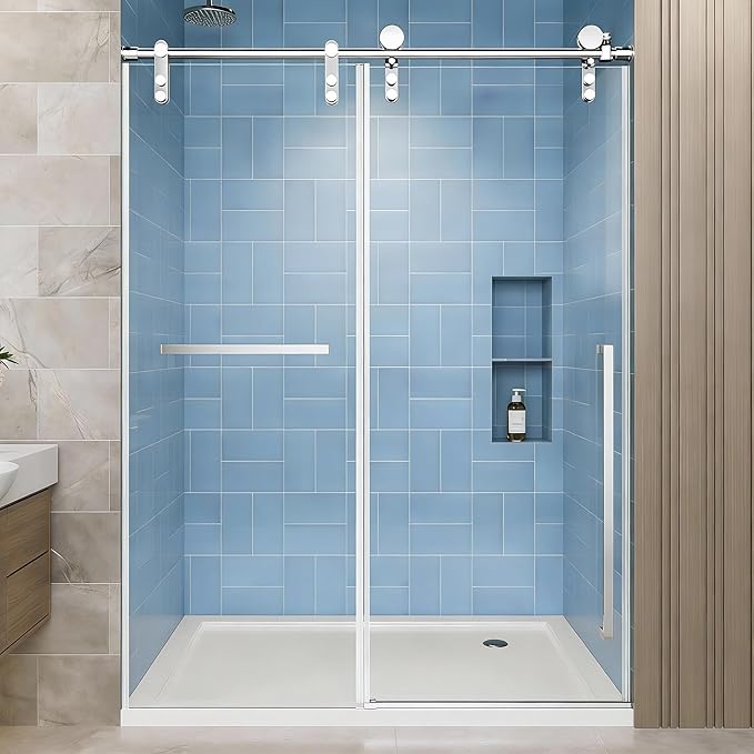 Frameless Sliding Shower Door, 44-48" W x 76" H Shower Glass Door, 5/16"(8mm) Tempered Glass Shower Doors for Walk in Shower with Explosion-Proof Film, Stainless Steel Hardware, Chrome