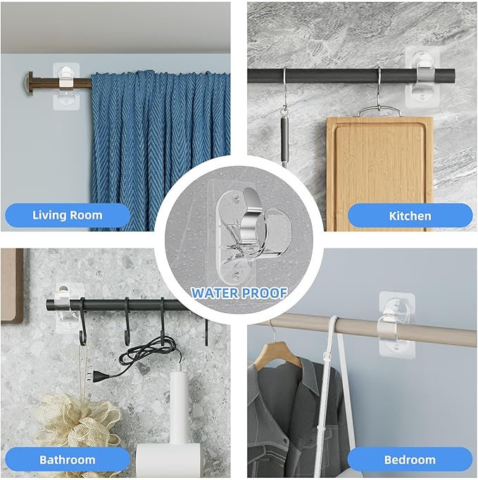 ANDGOO 6 Pack Adhesive Curtain Rod Holders, No Drilling Curtain Rod Brackets, Renter Friendly Curtain Hanger, Fits 0.5'' to 1.2'' Rods, Heavy Duty Curtain Rod Hooks for Apartment Bathroom Dorm Kitchen