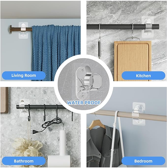 ANDGOO 10 Pack No Drill Curtain Rod Brackets, Renter Friendly Self Adhesive Curtain Rod Holders, Heavy Duty No Drilling Curtain Rod Hooks for Apartment Bedroom Bathroom Dorm Kitchen, Transparent