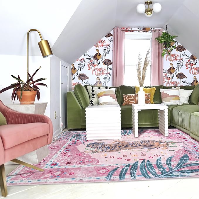 8x10 FT Leopard Rug for Living Room Pink Leopard Vintage Animal Rug Aesthetic Pink Rugs for Girls Room Nursery Bedroom Home Office Dorm Thin Bright Magenta Carpet (Light Pink, 10X8 FT)