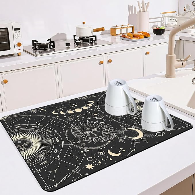 Dish Drying Mat for Multiple Usage. Super Absorbent, Easy clean, Quick dry, Cocina Accesorios for Kitchen Counter or Faucet Sink, Coffee bar, Refrigerator or Air fryer liners, 1 Pack Sunmoon