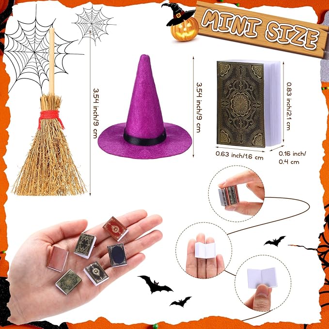 36 Pieces Mini Halloween Decorations 12 Mini Felt Witch Hats 12 Small Brooms 12 Miniature Dollhouse Books Tiny Witch Accessories Set for DIY Crafts Halloween Party Decor Supplies (Colorful)