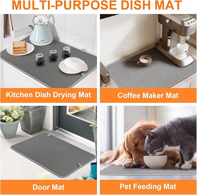 Dish Drying Mat 24 x 17 in, Large Microfiber Drying Mats, Absorbent Quick Dry Pad for Kitchen Counter, Countertop Protector for Dishes, Pots & Pans, Machine Washable, Gray (2 PCS)