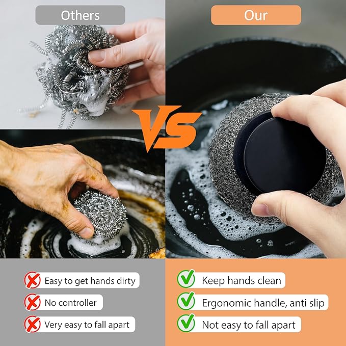 Stainless Steel Wool Scrubber with Rubber Handle & 2 Pads for Cleaning Dishes, Kitchen Pots, Pans, Grills (Black-2Pack)