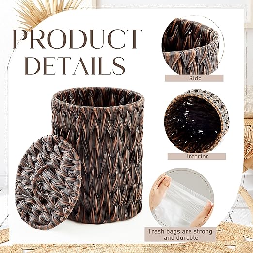 Ctosree 1.3 Gallons Small Trash Can with Lid Handle Boho Woven Braided Bathroom Waste Basket Trash Can with 100 Garbage Bags for Bedroom Office Laundry (Dark Brown,Braided Polypropylene,Round)