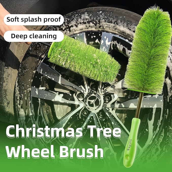 Wheel Cleaning Brush Hub Clean Tool and Rim Detailing Brush with Soft Bristles,Safe On All Wheel Types,Multipurpose Use for Wheels,Rims,Exhaust Tips,Car,Motorcycles,Truck (Green)