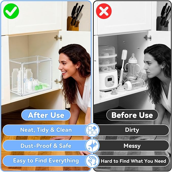 Baby Bottle Organizer for Countertop, Small Clear Bottle Storage Organizer, Baby Bottle Storage Organizer for Bottles, Nipples, Pump Parts & Food Jars, Nursery Cabinet, Kitchen Pantry