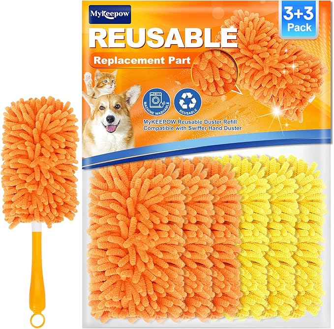 Reusable Duster Refill for Swiffer Hand Duster, 360 Degree Duster Refills for Cleaning, Ceiling Fan, Orange Yellow, 3+3 Pack (Handle is Not Included)
